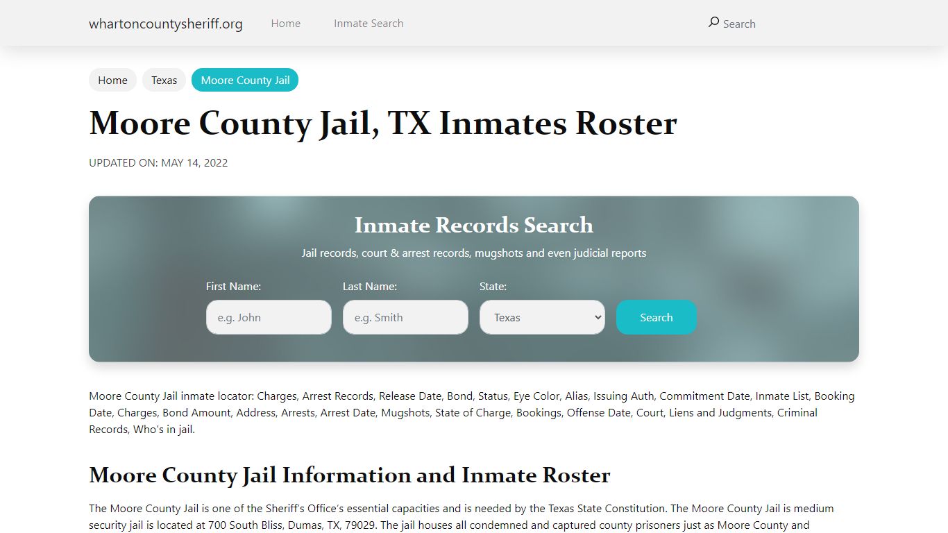 Moore County Jail, TX Jail Roster, Name Search